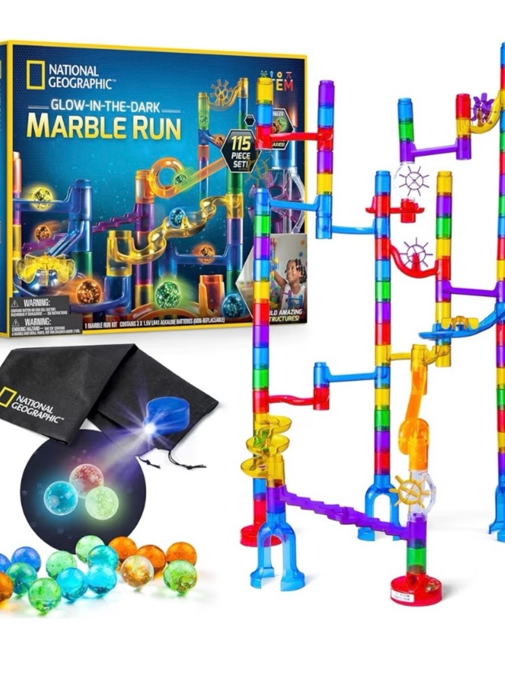 National Geographic Multicolor Glow-In-The-Dark Marble Run Building Set